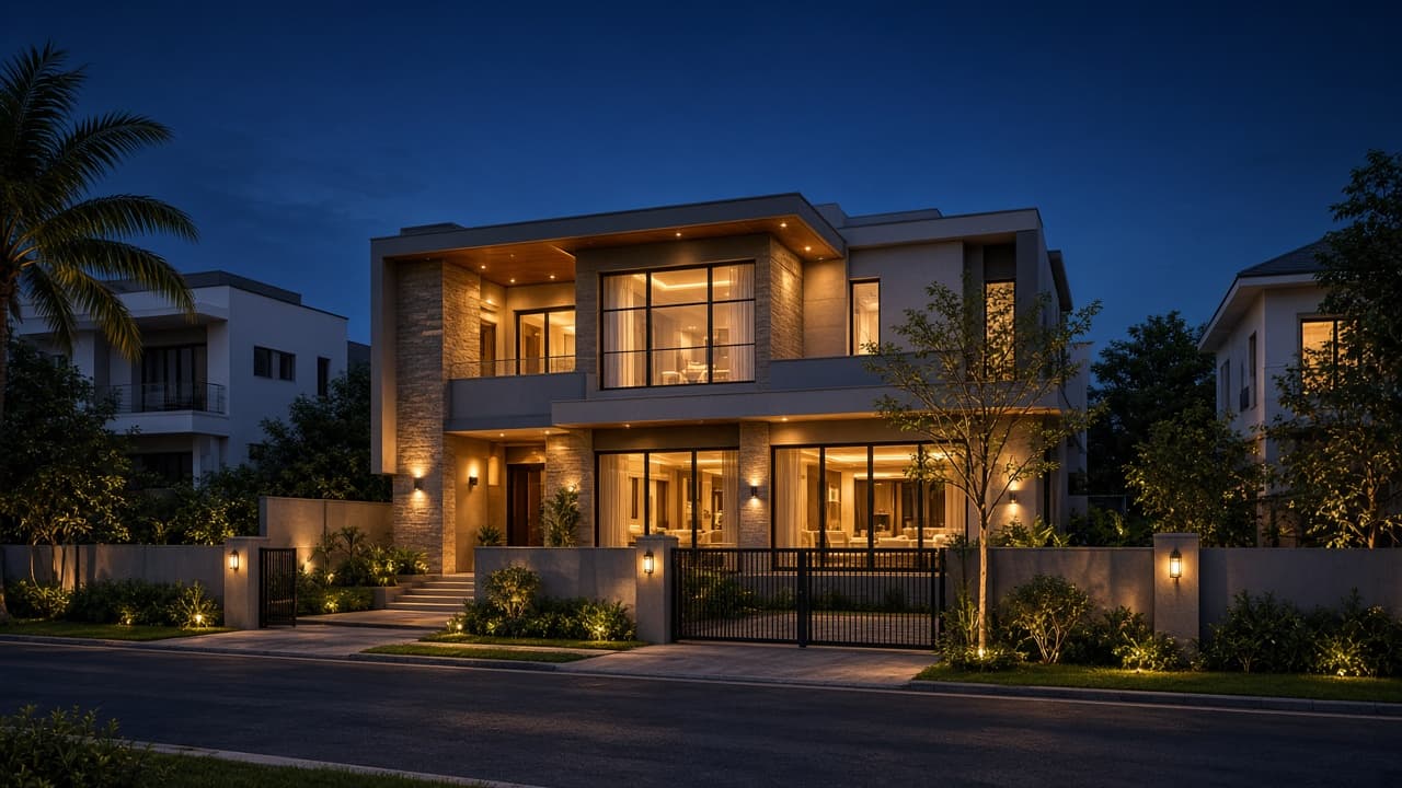 Modern villa exterior at dusk