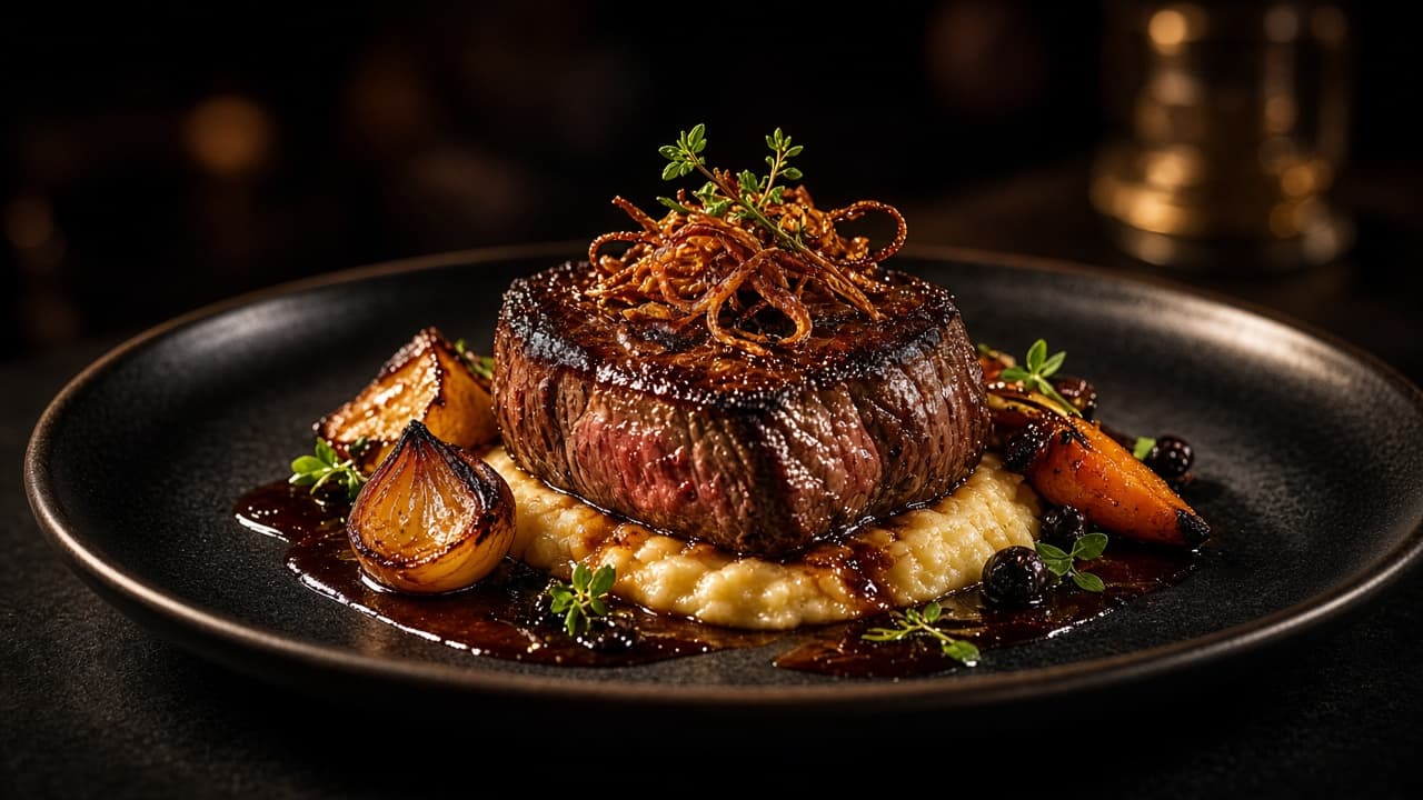Gourmet plated dish under warm restaurant light